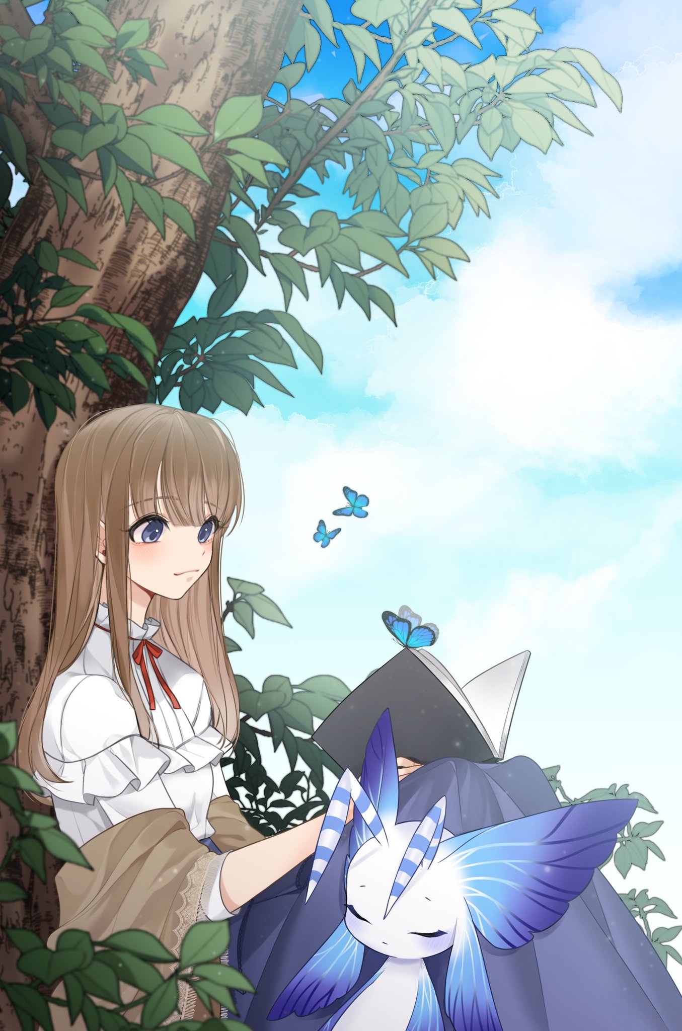 1girl 1other antennae blue_butterfly blue_eyes blue_sky book bug butterfly butterfly_wings closed_eyes day digimon grey_eyes highres holding holding_book leaf light_brown_hair long_hair morphomon nabii_oo necktie open_book original outdoors plant red_necktie shirt sitting sky tree white_shirt wings