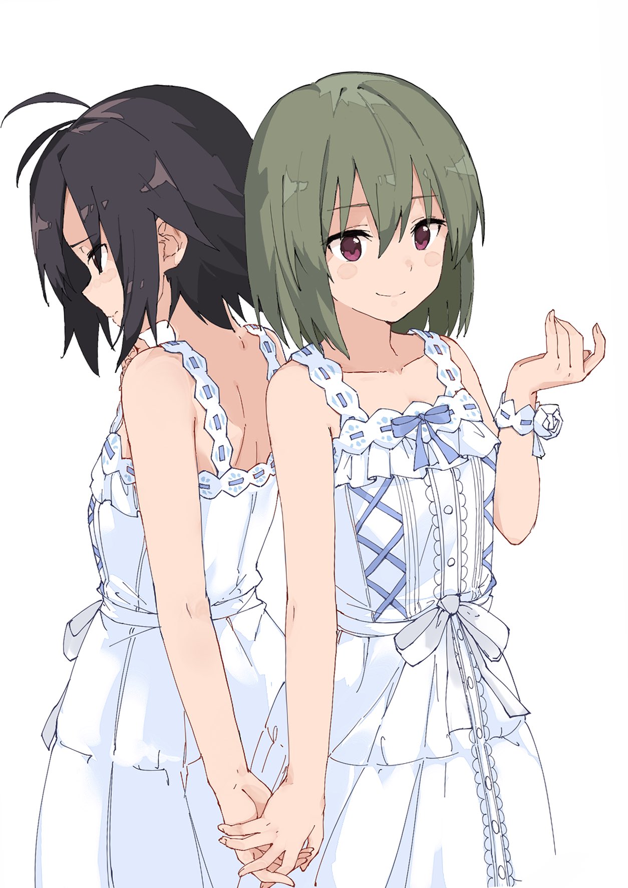 2girls antenna_hair back bare_shoulders black_eyes black_hair blush bow breasts cleavage closed_mouth collarbone dress frilled_dress frills green_hair hand_grab hand_up highres idolmaster idolmaster_(classic) idolmaster_million_live! idolmaster_million_live!_theater_days kikuchi_makoto looking_at_another looking_down multiple_girls nagayoshi_subaru rauto red_eyes short_hair simple_background sleeveless sleeveless_dress small_breasts smile waist_bow white_background white_dress white_wristband
