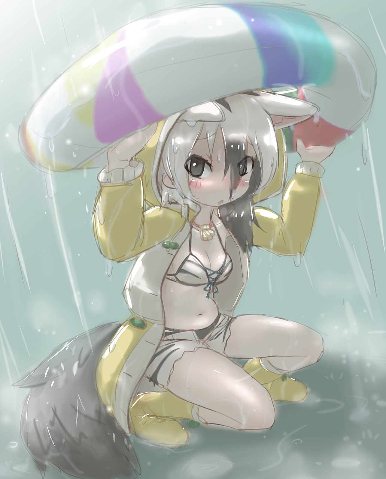 1girl :o aardwolf_(kemono_friends) aardwolf_ears aardwolf_girl aardwolf_print aardwolf_tail animal_ears animal_print arms_up bare_legs belly bikini bikini_under_clothes black_eyes black_hair blush boots breasts chibi cleavage collarbone day dripping ears_down extra_ears eyes_visible_through_hair full_body furrowed_brow hair_between_eyes hair_over_shoulder highres holding holding_innertube hood hood_up innertube jewelry k_(susiinochi24) kemono_friends kemono_friends_3 long_hair long_sleeves looking_at_viewer medium_breasts multicolored_hair navel necklace official_alternate_costume open_clothes open_fly open_shorts outdoors pale_skin parted_bangs parted_lips pendant print_bikini print_shorts puddle rain raincoat rubber_boots shell shell_necklace short_shorts shorts solo squatting stomach swimsuit tail two-tone_hair water wet wet_clothes wet_face wet_hair white_hair yellow_raincoat