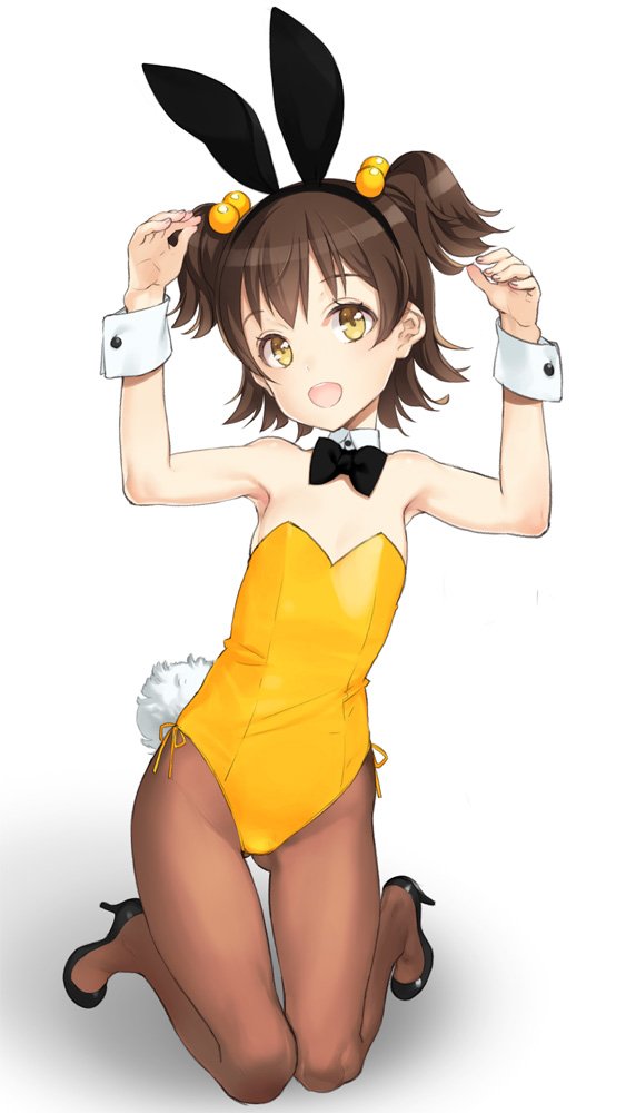 1girl akagi_miria animal_ears arms_up black_bow black_bowtie black_footwear black_hair bow bowtie commentary_request detached_collar fake_animal_ears fake_tail flat_chest full_body hair_bobbles hair_ornament high_heels idolmaster idolmaster_cinderella_girls kneeling leotard open_mouth oyari_ashito pantyhose playboy_bunny rabbit_ears rabbit_tail shadow short_hair simple_background smile solo strapless strapless_leotard tail two_side_up white_background wrist_cuffs yellow_eyes yellow_leotard