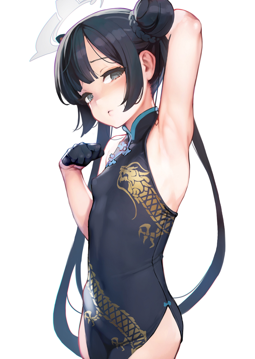 1girl armpits ataruman black_dress black_gloves black_hair blue_archive blush braid braided_bun breasts china_dress chinese_clothes covered_navel double_bun dragon_print dress gloves grey_halo hair_bun halo highres kisaki_(blue_archive) looking_at_viewer pelvic_curtain print_dress sleeveless sleeveless_dress small_breasts solo twintails white_background