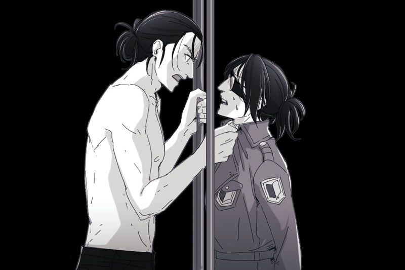 1boy 1other clothes_grab coat commentary english_commentary eren_yeager eyepatch frown goggles hange_zoe hanpetos height_difference jacket_grab open_mouth paradis_military_uniform prison_cell shingeki_no_kyojin short_ponytail survey_corps_(emblem) sweat topless_male