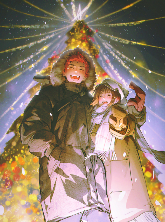 1boy 1girl :d akagi_haruko arm_around_shoulder black_coat brown_coat brown_hair brown_mittens christmas_tree closed_eyes coat fur-trimmed_coat fur_trim hand_in_pocket jnkku medium_hair mittens night open_mouth outdoors pine_tree red_hair red_mittens sakuragi_hanamichi scarf short_hair side-by-side slam_dunk_(series) smile snow snowing striped striped_scarf tree winter winter_clothes winter_coat