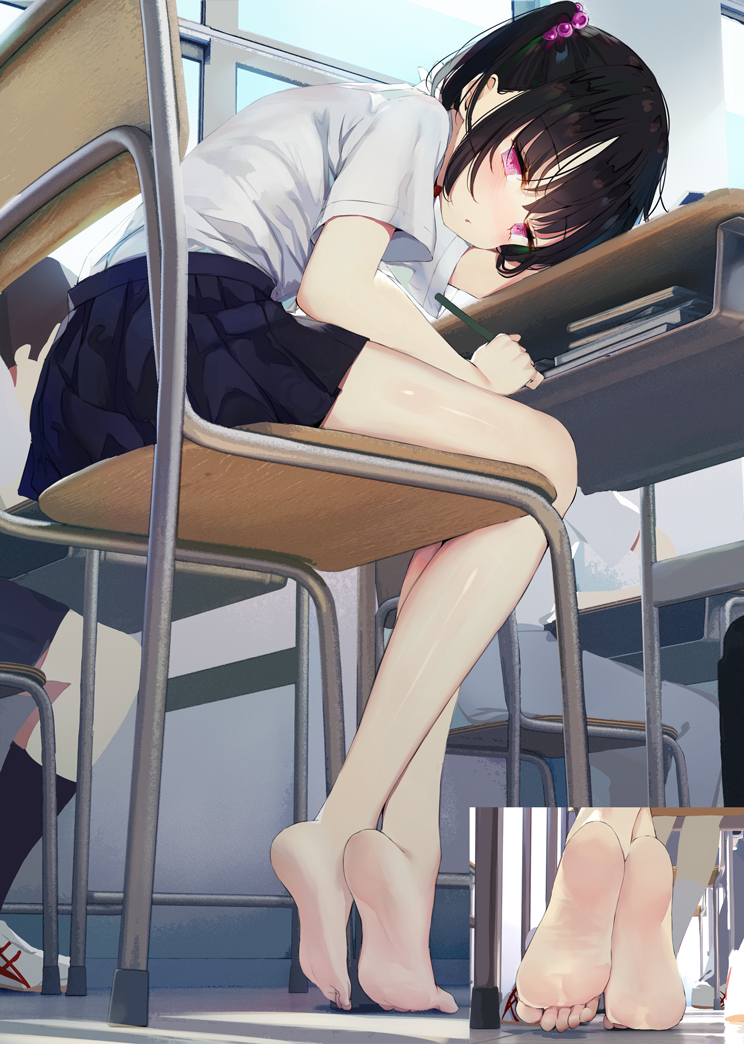 1boy 2girls :o barefoot black_hair blue_skirt book chair classroom commentary_request commission desk feet from_below hair_bobbles hair_ornament holding holding_pencil kamizaki_hibana looking_at_viewer miniskirt multiple_girls one_side_up original parted_lips pencil pink_eyes pixiv_commission pleated_skirt school_chair school_desk school_uniform shirt short_sleeves sitting skirt soles solo_focus white_shirt