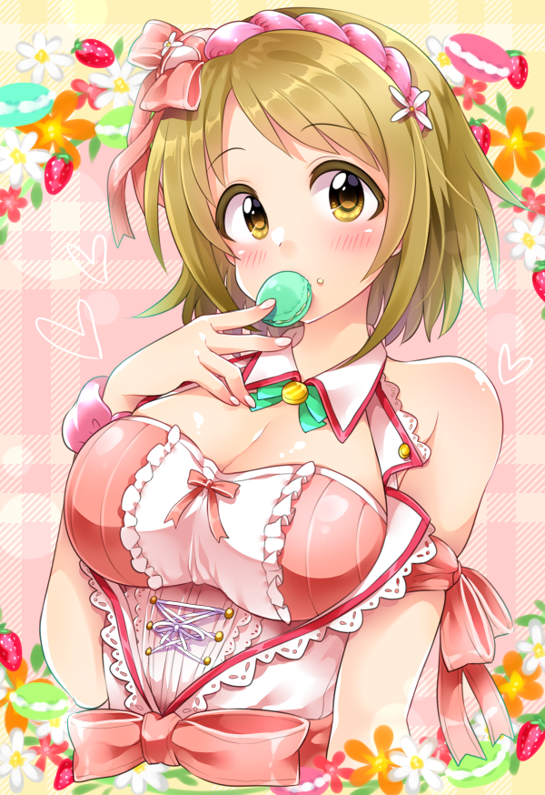 1girl arm_ribbon bare_shoulders blush bow bowtie breasts brown_eyes brown_hair cleavage commentary covered_mouth detached_collar dot_nose dress dress_bow floral_background flower food food_on_face frilled_dress frills fruit green_bow green_bowtie hair_bow hair_flower hair_ornament hair_ribbon hand_up heart holding holding_food idolmaster idolmaster_cinderella_girls idolmaster_cinderella_girls_starlight_stage lace-trimmed_dress lace_trim large_breasts looking_at_viewer macaron mimura_kanako pink_background pink_bow pink_dress pink_ribbon pink_scrunchie plump red_trim ribbon sailor_collar scrunchie short_hair solo strawberry trente upper_body white_flower white_sailor_collar wrist_scrunchie