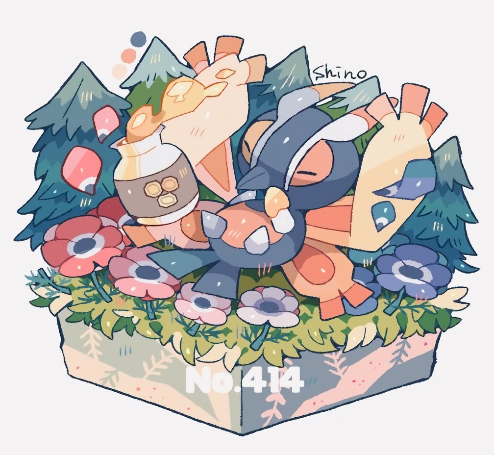 artist_name blue_flower closed_eyes color_guide commentary_request faux_figurine flower grass honey honeypot mothim no_humans petals pine_tree pink_flower pokedex_number pokemon pokemon_(creature) red_flower shino_(shinoru_p) simple_background solo tree white_background white_flower