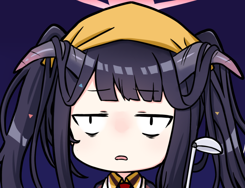 1girl black_hair blue_archive chibi collared_shirt commentary_request engiyoshi fuuka_(blue_archive) halo head_scarf horns ladle light_frown long_hair parted_lips portrait purple_background shirt simple_background solo twintails