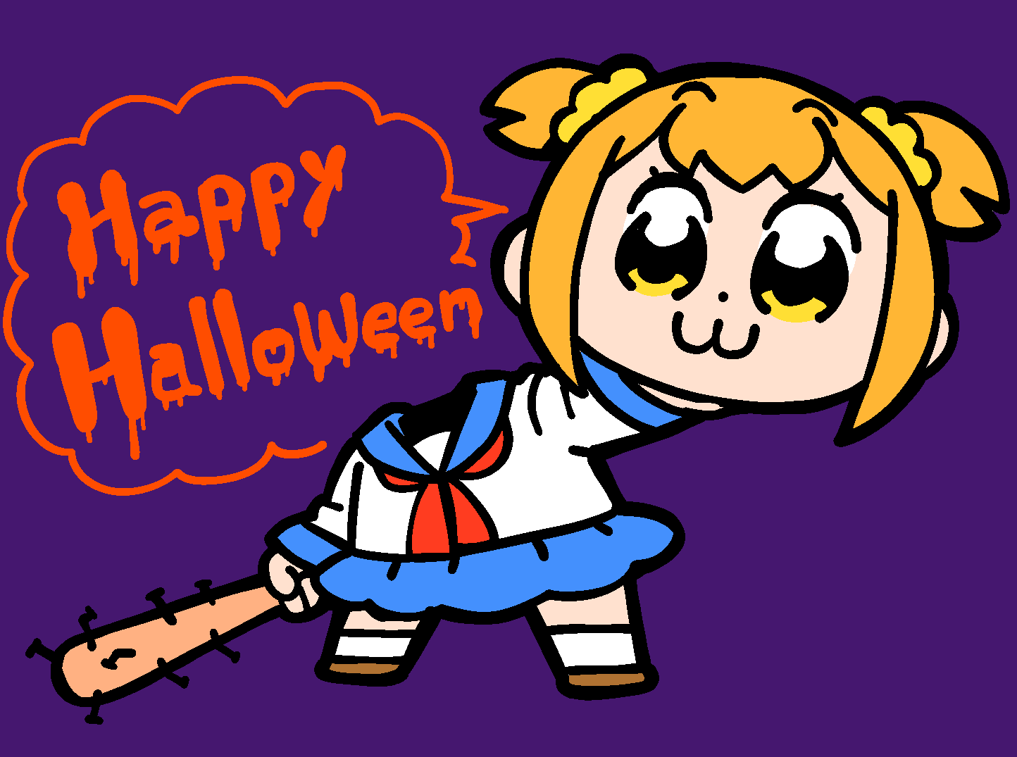 1girl :3 baseball_bat bkub bkub_(style) blonde_hair blue_sky chibi english_text happy_birthday happy_halloween official_art poptepipic popuko purple_background school_uniform severed_head shirt sky solo white_shirt yellow_eyes