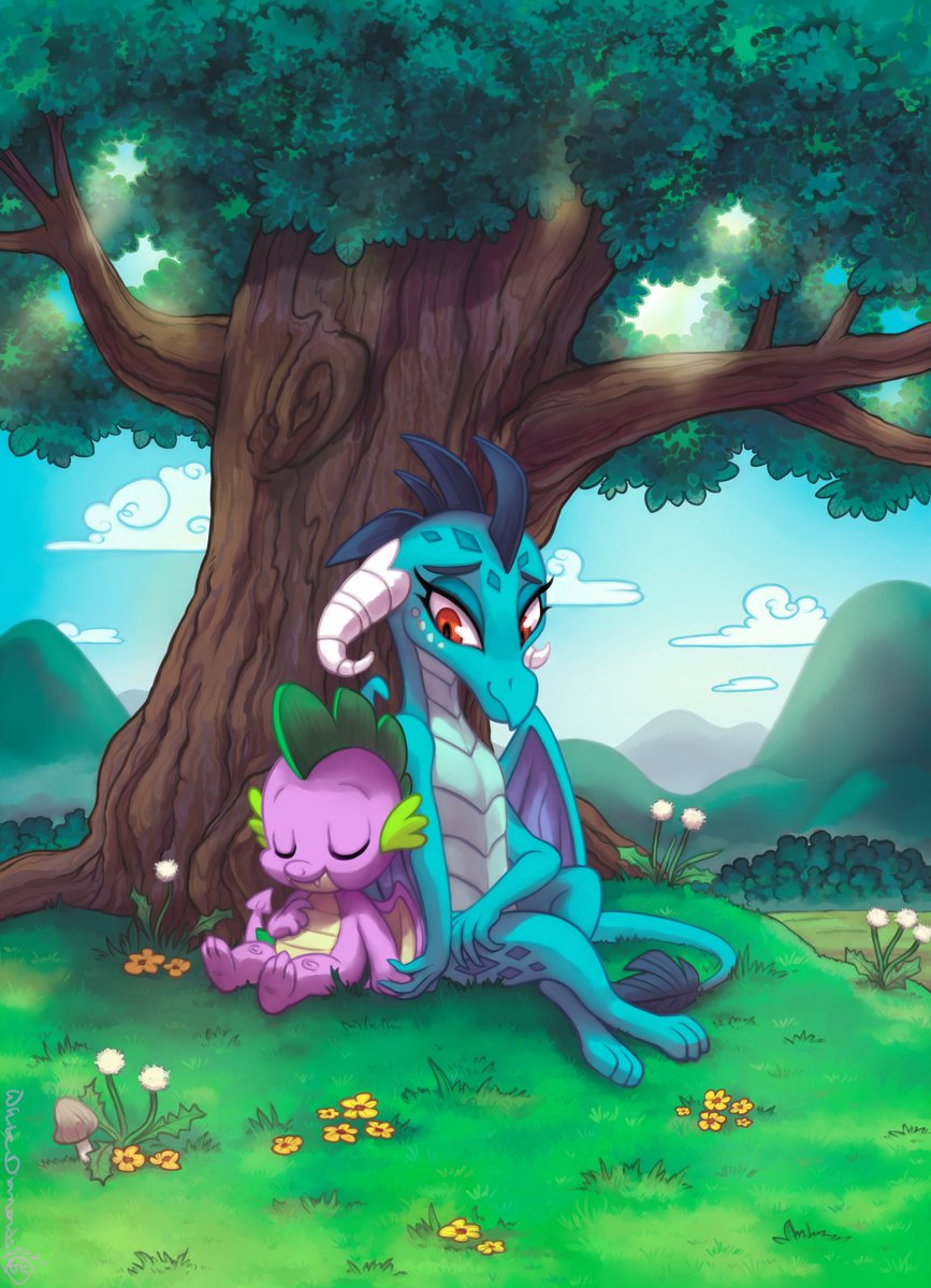 2022 2_horns 3_toes 4_fingers anthro blue_body blue_scales blue_skin curled_horn digital_media_(artwork) dragon duo eyes_closed fangs feet female fingers flower friendship_is_magic fungus grass green_body green_skin hasbro hi_res horn male mushroom my_little_pony plant princess_ember_(mlp) purple_body purple_skin red_eyes scales scalie smile spike_(mlp) spikes teeth toes tree western_dragon whitediamonds wings