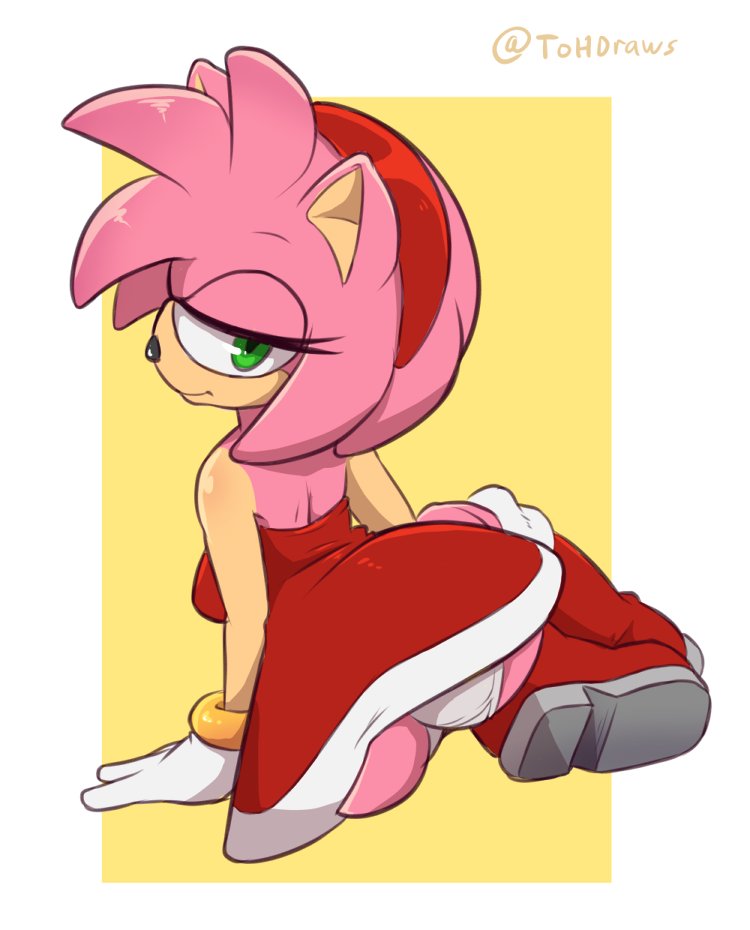 accessory amy_rose anthro boots bracelet butt clothing dress eulipotyphlan female footwear fur gloves green_eyes hair_accessory hairband handwear hedgehog jewelry looking_back mammal panties pink_body pink_fur sega sitting solo sonic_the_hedgehog_(series) the_other_half underwear