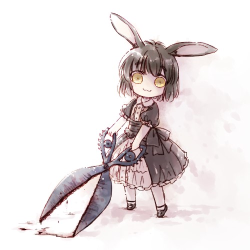 1girl :3 animal_ears black_bow black_dress black_hair blood bow center_frills chibi closed_mouth dress frilled_sleeves frills full_body holding holding_scissors looking_at_viewer lowres mary_janes original oversized_object puffy_short_sleeves puffy_sleeves rabbit_ears rakuni scissors shoes short_hair short_sleeves simple_background solo standing tiptoes white_background yellow_eyes