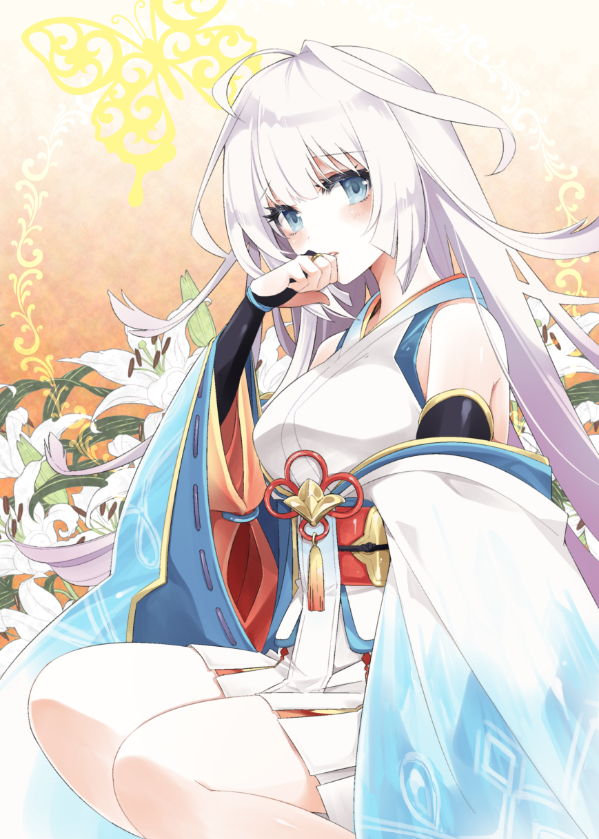 1girl ayakashi_rumble! bare_shoulders blue_eyes blush breasts covering_mouth eyelashes flower hand_over_own_mouth highres japanese_clothes kimono kinoshita_sakura lily_(flower) long_hair nagi_(ayakashi_rumble!) pale_skin short_kimono sitting solo very_long_hair white_flower white_hair white_kimono white_lily