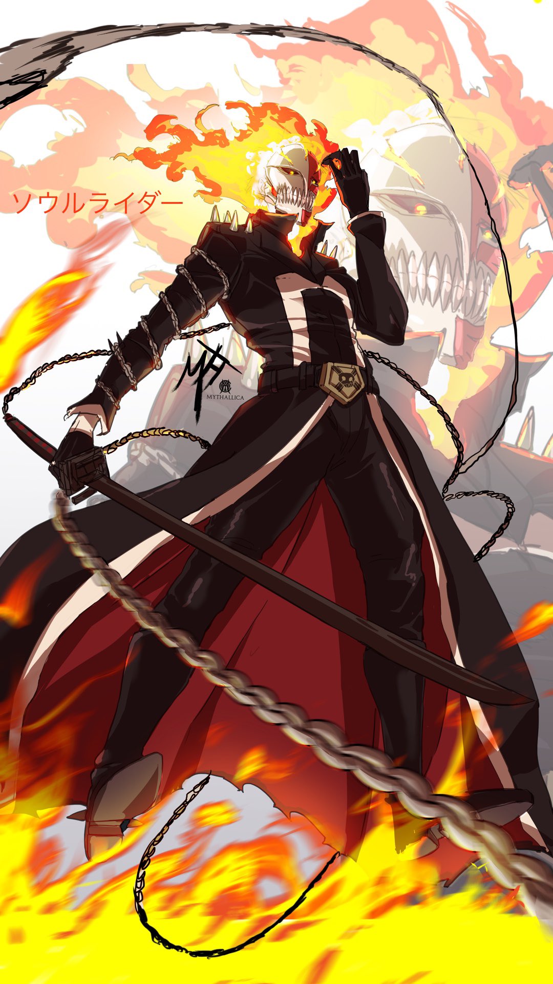 belt black_belt black_footwear black_gloves black_jacket black_pants black_sclera bleach boots burning chain chain_around_arm collared_jacket colored_sclera crossover fiery_hair fire floating ghost_rider gloves glowing glowing_eyes hand_up highres holding holding_sword holding_weapon hollow_mask jacket kurosaki_ichigo long_sleeves marvel mask mythallica pants shoulder_spikes spikes sword tensa_zangetsu_(bankai) weapon yellow_eyes