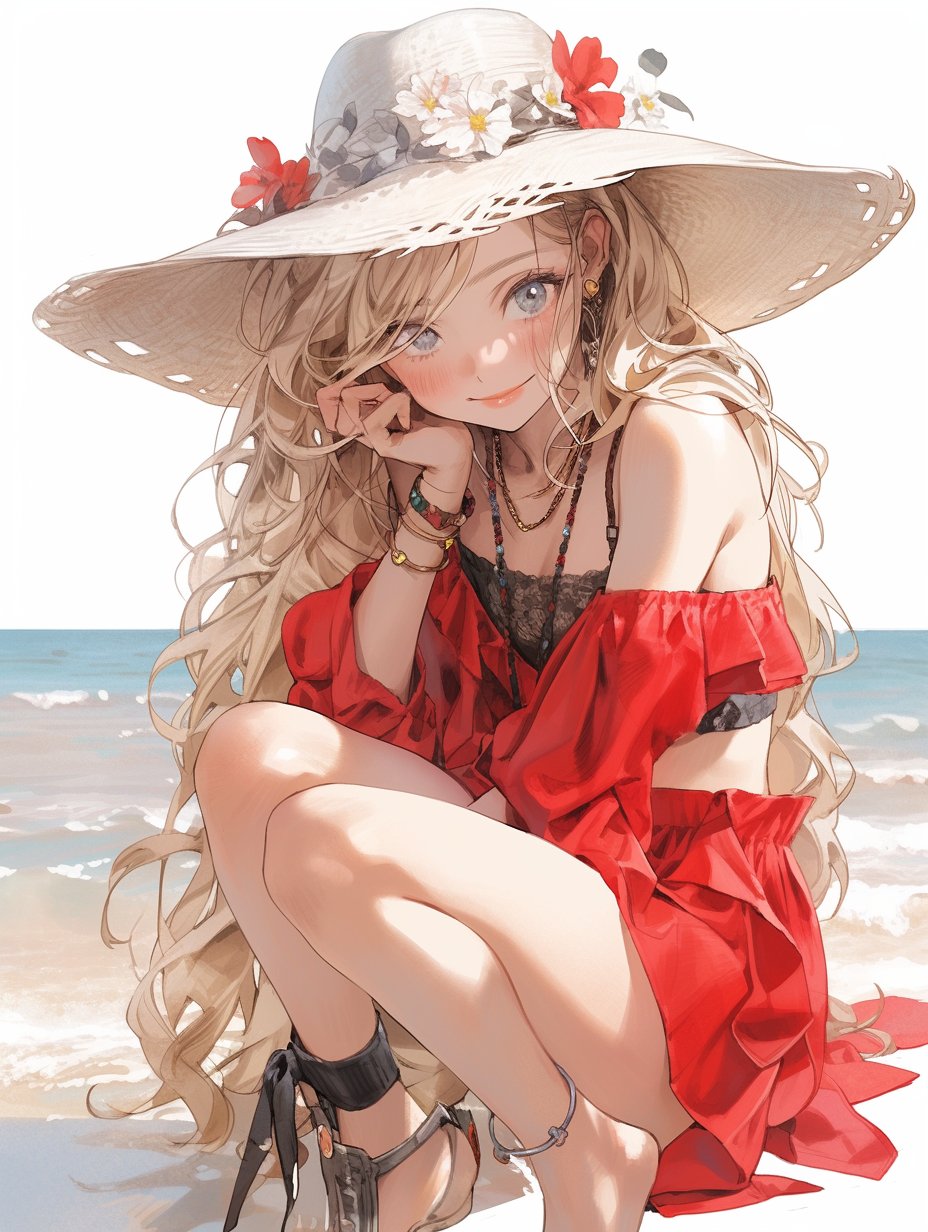 1girl ai-generated ankle_ribbon anklet bare_legs barefoot beach black_ribbon blonde_hair bra bracelet breasts brown_footwear cleavage commentary_request day dress earrings eyelashes feet_out_of_frame flower frilled_dress frilled_shirt frills grey_eyes hand_up hat hat_flower head_rest heel_up highres jewelry lace-trimmed_bra lace_trim leg_ribbon legs lips long_hair ocean original outdoors parted_bangs red_flower red_skirt ribbon sandals shirt single_sandal skirt small_breasts smile solo squatting straw_hat swept_bangs tarte_(hodarake) thighs underwear very_long_hair white_flower