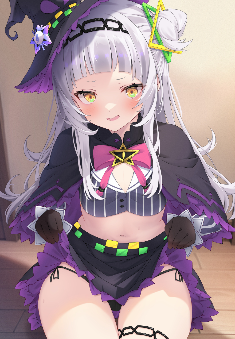 1girl arched_bangs black_capelet black_panties black_skirt blush breasts brooch brown_gloves capelet clothes_lift cone_hair_bun cropped_shirt gloves grey_hair hair_bun hairband hat hat_ornament head_chain highres hololive jewelry kurono_yuzuko long_hair long_sleeves looking_at_viewer lowleg lowleg_skirt midriff multicolored_eyes murasaki_shion murasaki_shion_(1st_costume) navel neck_ribbon one_side_up panties pinstripe_pattern pinstripe_shirt purple_headwear red_ribbon ribbon shirt short_eyebrows single_side_bun skirt skirt_lift small_breasts solo star_brooch stomach string_panties striped striped_shirt thigh_strap tilted_headwear underwear vertical-striped_shirt vertical_stripes vest virtual_youtuber witch_hat wooden_floor wooden_wall