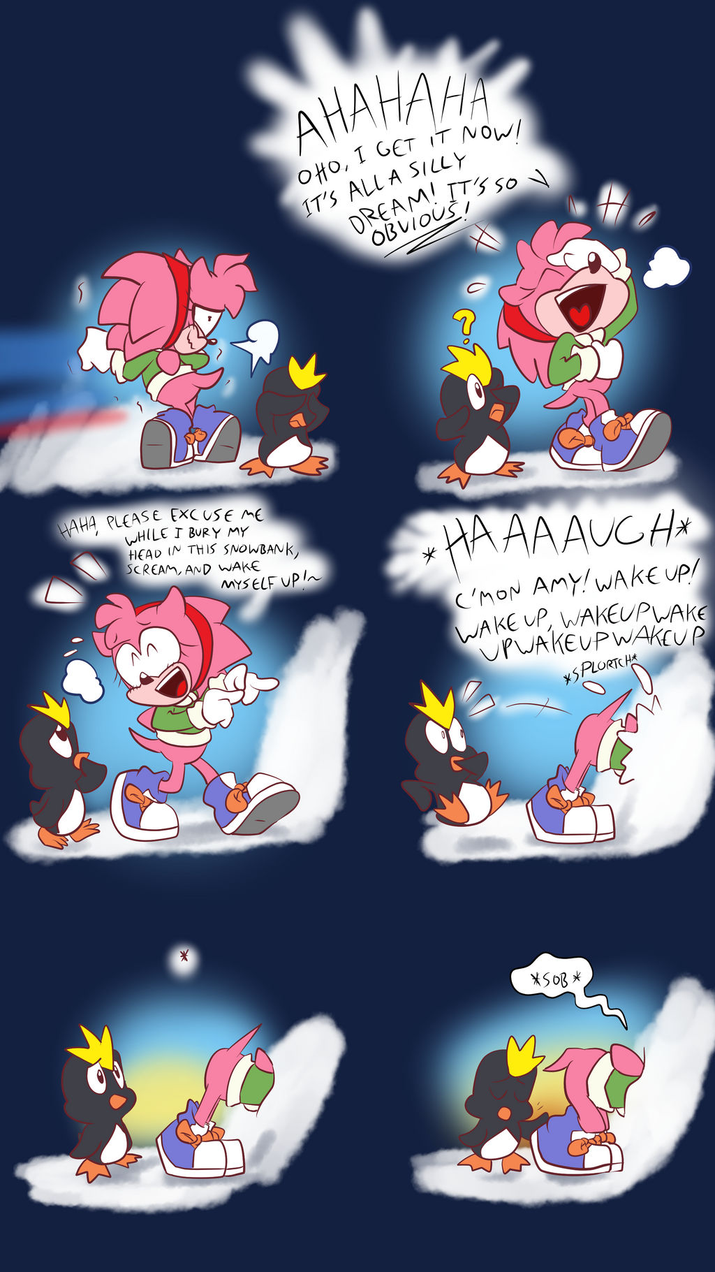 amy_rose anthro avian bird blehmaster7 bottomless burying_face classic_amy_rose classic_sonic classic_sonic_(universe) clothed clothing coat comic duo eulipotyphlan featureless_crotch female fur gloves handwear hedgehog hi_res laugh mammal mortified pecky_(sonic) penguin pink_body pink_fur sega sonic_the_hedgehog sonic_the_hedgehog_(series) speed_lines topwear wavy_mouth white_clothing white_gloves white_handwear