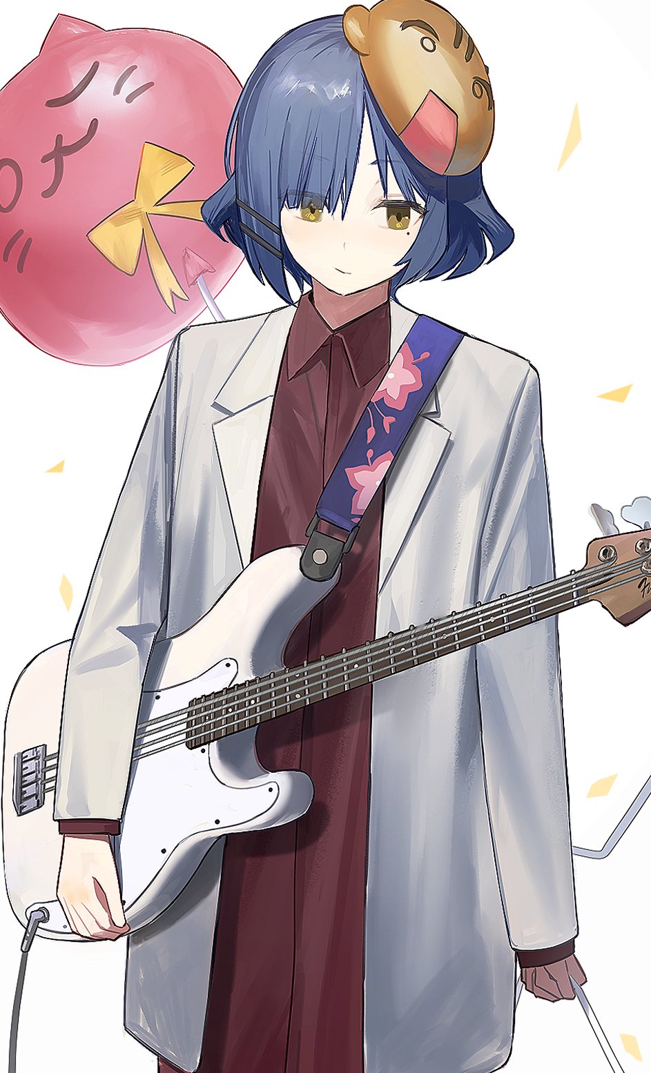 bass_guitar blue_hair bocchi_the_rock! eyes_visible_through_hair fender_precision_bass highres instrument jacket mask mask_on_head mole mole_under_eye red_shirt shirt short_hair white_jacket yamad_urian yamada_ryou yellow_eyes