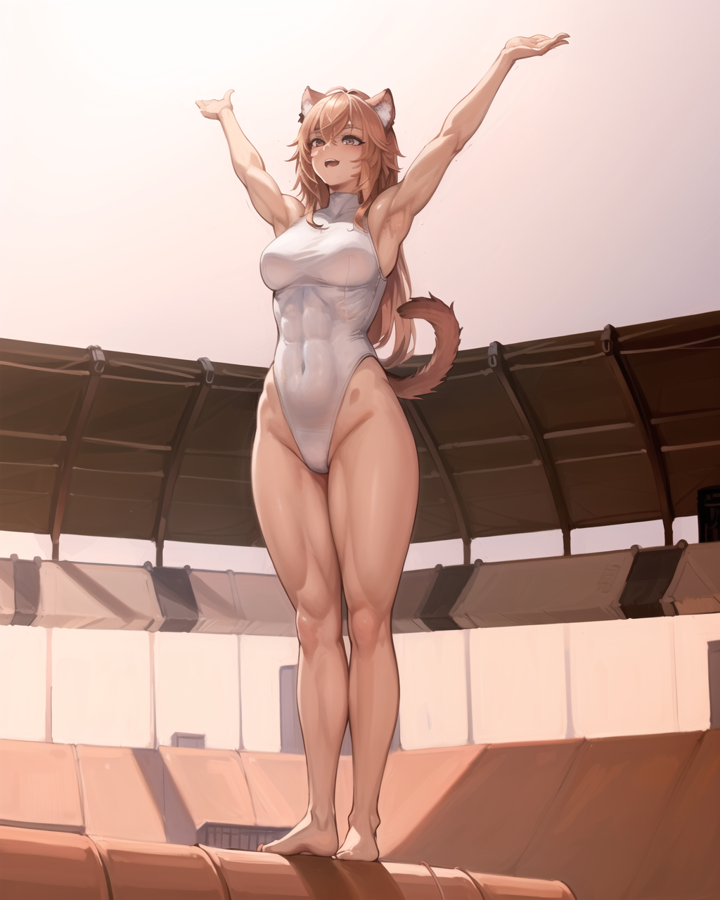 1girl abs animal_ear_fluff animal_ears arknights armpits arms_up balance_beam barefoot breasts covered_navel full_body gravel_(arknights) gymnastics highres large_breasts leotard muscular muscular_female pink_eyes pink_hair pink_sky prairie_dog_ears prairie_dog_girl prairie_dog_tail solo stadium twilled_wave white_leotard