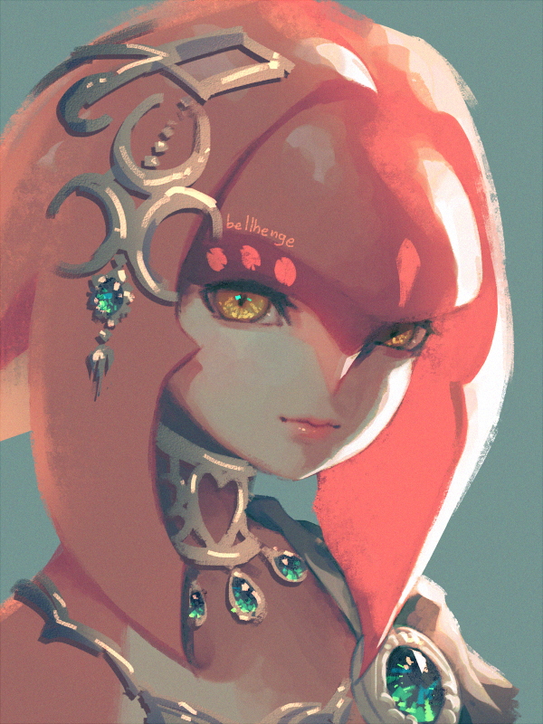 1girl artist_name bellhenge blue_background blue_gemstone commentary crescent crescent_hair_ornament english_commentary epaulettes eyelashes gem hair_ornament lipstick looking_at_viewer makeup mipha pink_lips silver_choker single_epaulette solo the_legend_of_zelda the_legend_of_zelda:_breath_of_the_wild upper_body yellow_eyes zora