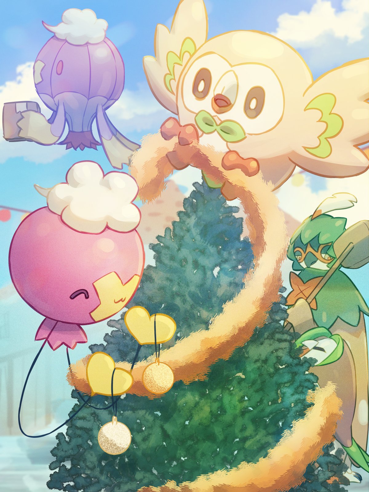 :3 ^_^ bauble closed_eyes cloud commentary_request day decidueye drifblim drifloon evolutionary_line highres mokukitusui no_humans open_mouth outdoors pokemon pokemon_(creature) rowlet sky smile tinsel tongue tree