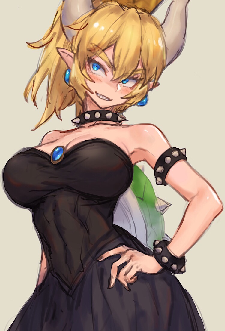 animal_humanoid armband bangs bare_shoulders big_breasts black_nails blonde_eyebrows blonde_hair blue_eyes blush bowser bowsette_meme bracelet breasts cleavage clothed clothing collar colored_nails crown dress ear_piercing ear_ring eyebrow_through_hair eyebrows eyelashes female female_humanoid grey_horn guchico hair hand_on_hip head_aside headgear horn human humanoid jewelry koopa_humanoid long_hair looking_aside mammal mario_bros meme nails navel_outline nintendo piercing ponytail portrait ring_piercing scalie scalie_humanoid sharp_teeth simple_background smile solo spiked_armband spiked_bracelet spiked_collar spikes standing super_crown tan_background teeth three-quarter_portrait toothy_smile translucent translucent_hair white_body white_skin