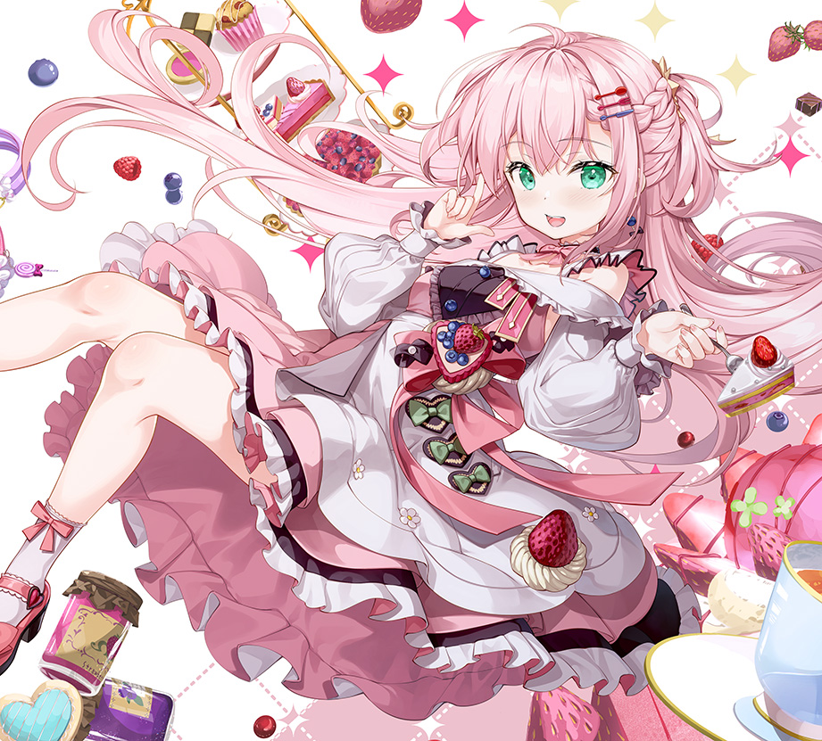 1girl armpit_crease bare_shoulders blueberry blush bow bowtie braid cake chocolate detached_collar dot_nose floating food foot_out_of_frame fork french_braid frilled_skirt frills fruit fujima_takuya green_eyes hair_between_eyes half_updo holding holding_fork jam jar knees_together_feet_apart long_hair muffin off-shoulder_shirt off_shoulder open_mouth original pie pink_bow pink_bowtie pink_hair pink_skirt pleated_skirt raised_eyebrows raspberry shirt sidelocks simple_background skirt smile solo straight_hair strawberry teeth tiered_tray upper_teeth_only white_background white_shirt