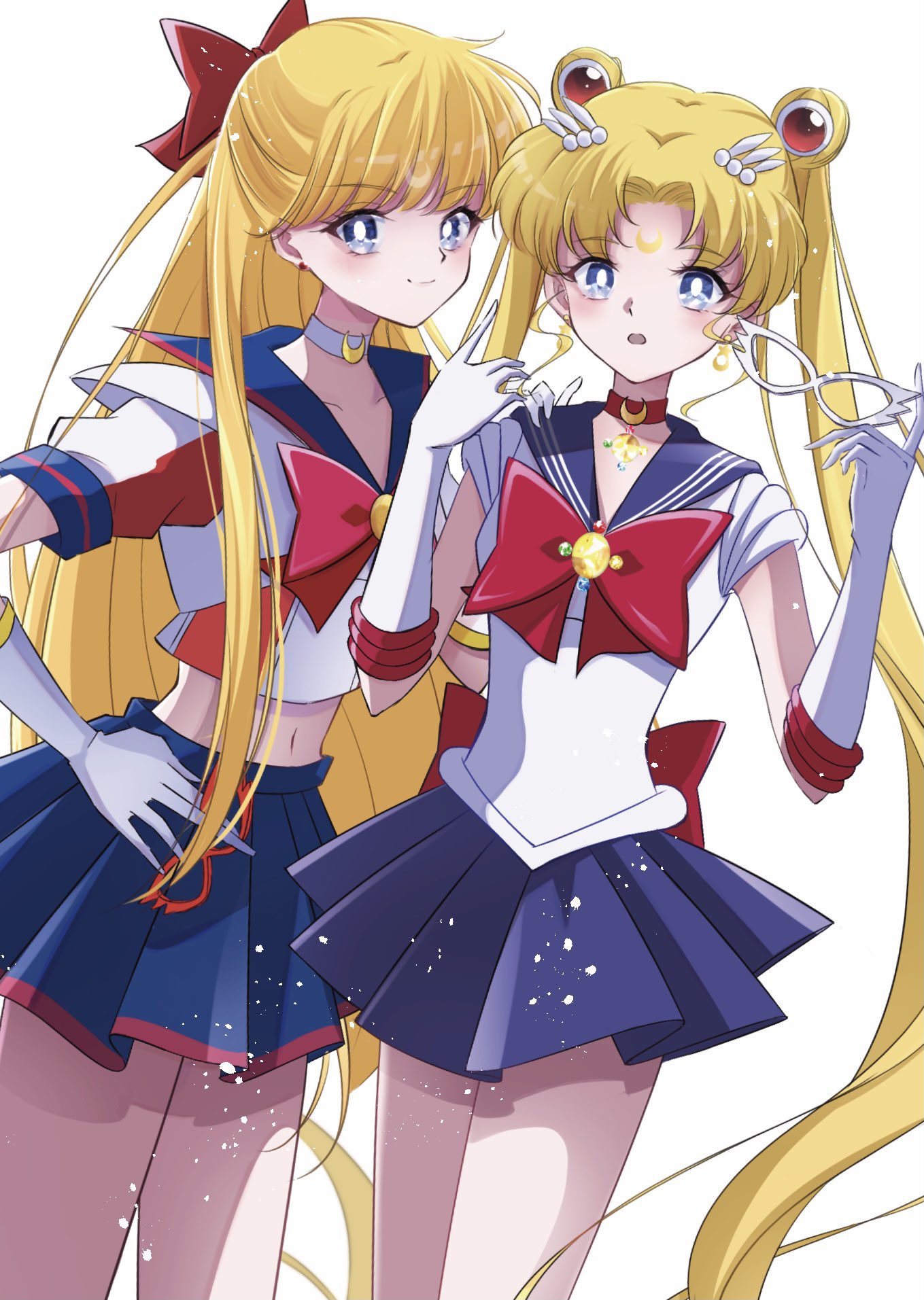 2girls aino_minako back_bow bishoujo_senshi_sailor_moon blonde_hair blue_eyes blue_sailor_collar blue_skirt bow bowtie choker codename_wa_sailor_v crescent crescent_choker crescent_earrings crescent_facial_mark domino_mask double_bun earrings elbow_gloves facial_mark forehead_mark gloves gold_earrings hair_bow hair_bun highres jewelry long_hair mask mask_removed midriff miniskirt multiple_girls navel parted_bangs pleated_skirt red_bow red_bowtie red_choker sailor_collar sailor_moon sailor_senshi sailor_senshi_uniform sailor_v sailormooe630 school_uniform serafuku shirt short_sleeves shoulder_pads skirt stud_earrings tsuki_ni_kawatte_oshioki_yo twintails very_long_hair white_choker white_gloves white_shirt