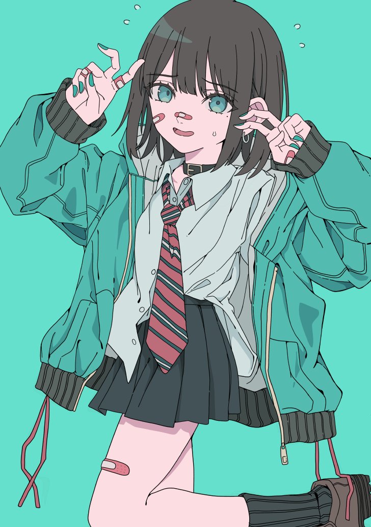 1girl bandaid bandaid_on_cheek bandaid_on_face bandaid_on_hand bandaid_on_leg bandaid_on_nose bandaid_on_thigh belt_collar black_hair blue_background collar collarbone collared_shirt earrings fingernails green_eyes green_jacket green_nails haku_geroda hood hoodie hoop_earrings jacket jewelry legs loafers long_eyebrows looking_at_viewer nail_polish necktie nervous nervous_sweating open_clothes open_jacket open_mouth original pink_bandaid pleated_skirt red_necktie school_uniform shirt shoes short_hair simple_background skirt socks solo standing striped_necktie sweat swept_bangs tongue unzipped v white_shirt