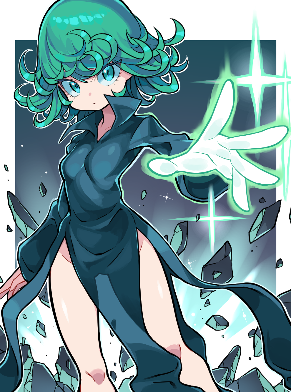 1girl black_dress border breasts closed_mouth collarbone collared_dress curly_hair debris dress eyelashes feet_out_of_frame foreshortening frown glowing glowing_hand green_eyes green_hair high_collar highres hyou_(hyouga617) long_sleeves no_panties one-punch_man psychic short_hair small_breasts solo tatsumaki white_border