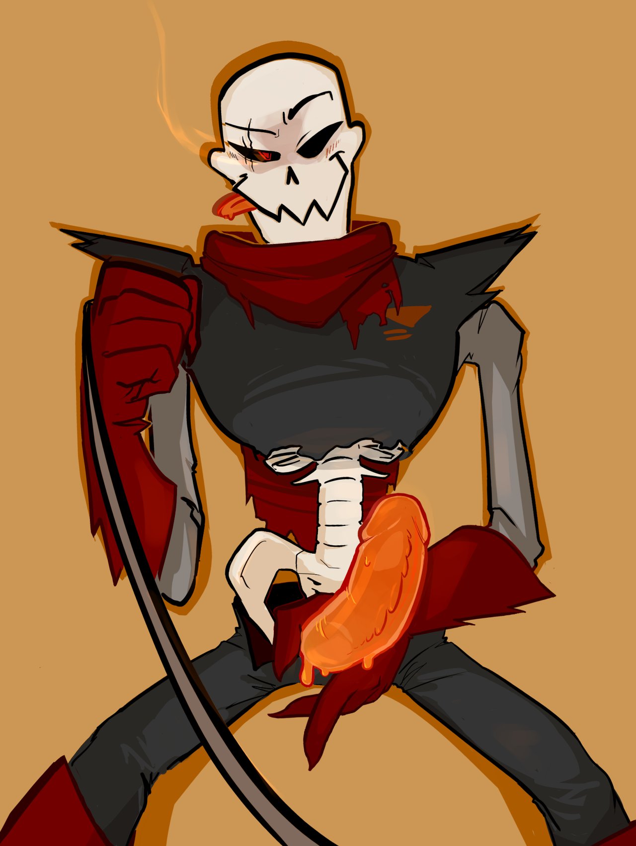 animated_skeleton blush bone bottomwear clothed clothing erection genitals gloves glowing glowing_genitalia glowing_penis grin handwear hi_res holding_leash holding_object holding_penis leash licking licking_lips looking_at_viewer male open_bottomwear open_clothing open_pants pants papyrus_(underfell) papyrus_(undertale) penis penis_through_fly poking_out scar scarf shirt skeleton smile theyaois_(artist) tongue tongue_out topwear undead undertale undertale_(series)