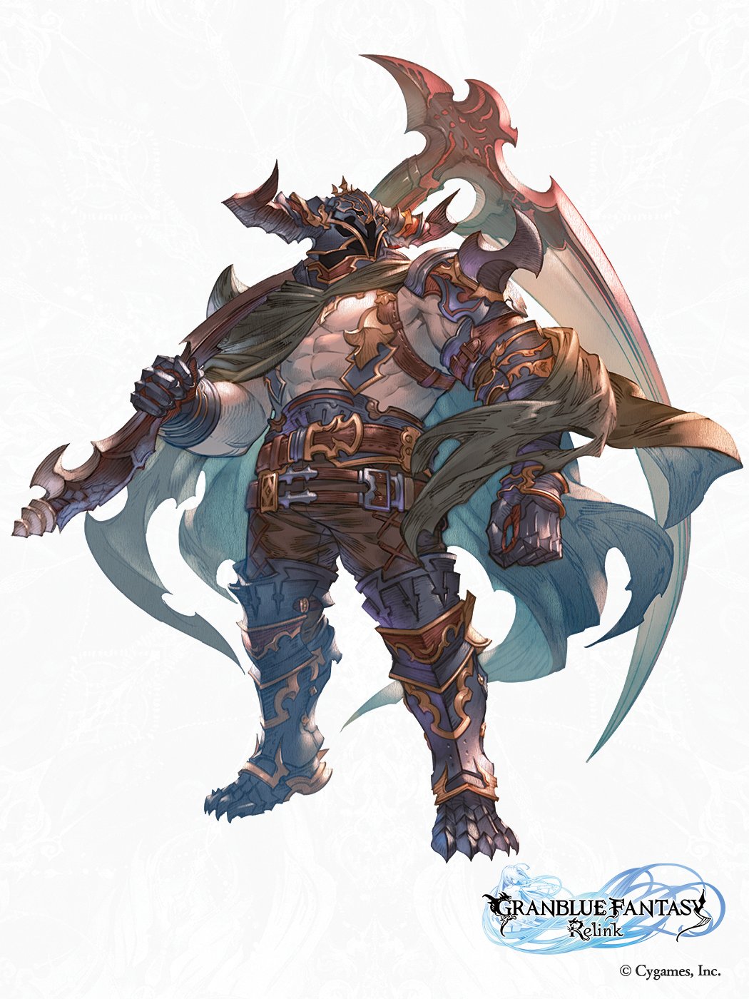 1boy abs armor bara belt chest_belt cloak draph fake_horns forearms full_body gauntlets granblue_fantasy helmet highres holding holding_scythe horned_helmet horns large_pectorals leather looking_to_the_side mature_male minaba_hideo muscular muscular_male official_art over_shoulder pauldrons pectorals scythe shoulder_armor solo standing stomach torn_cloak torn_clothes underpec vaseraga weapon weapon_over_shoulder