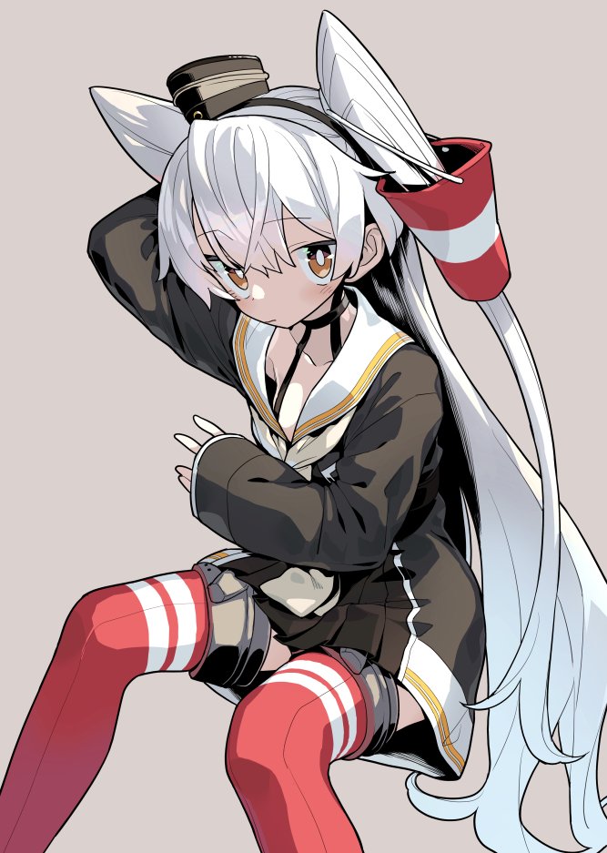 1girl amatsukaze_(kancolle) black_dress brown_background brown_eyes collarbone dress feet_out_of_frame grey_hair hair_tubes kantai_collection long_hair long_sleeves monaka_ooji red_thighhighs sailor_collar sailor_dress simple_background solo thighhighs two_side_up white_sailor_collar