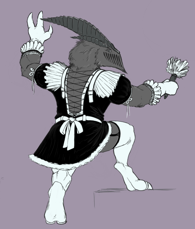 alien anthro biped cleaning clothed clothing colored crossdressing fur grey_body grey_fur horn looking_at_viewer looking_back maid_uniform male monster simple_background solo teraurge tornoth_(teraurge) uniform vastlam