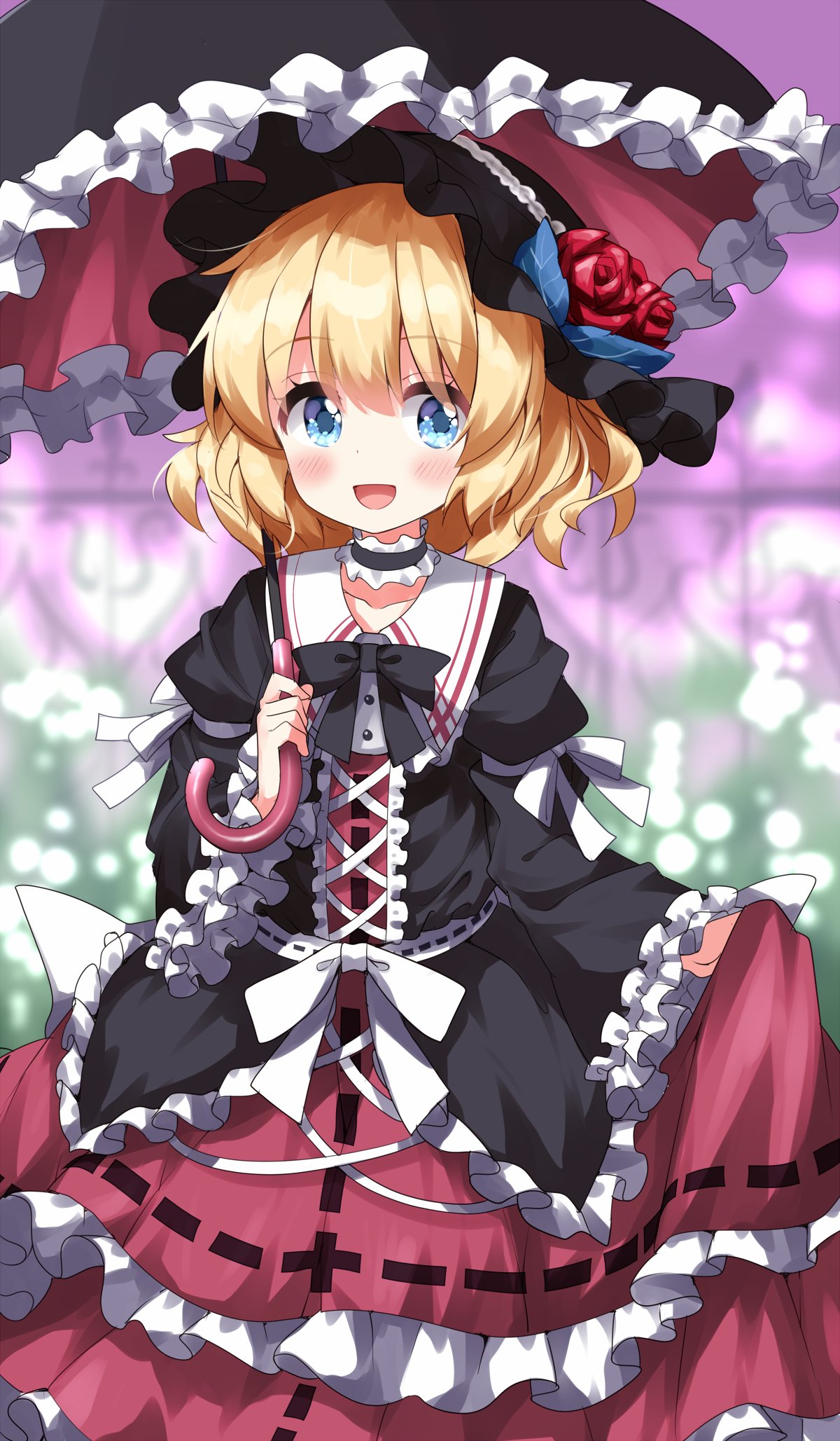 1girl alternate_costume black_bow black_umbrella blonde_hair blue_eyes blush bow dress flower frilled_shirt frilled_shirt_collar frilled_sleeves frills gothic_lolita hairband highres holding holding_umbrella layered_dress lolita_fashion lolita_hairband long_sleeves medicine_melancholy open_mouth parasol puffy_long_sleeves puffy_sleeves red_dress ribbon rose ruu_(tksymkw) shirt short_hair skirt smile solo touhou umbrella wavy_hair