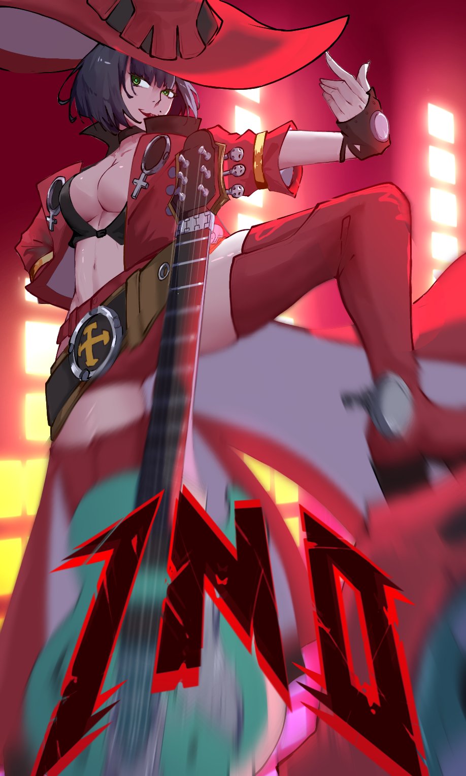 1girl black_hair boots breasts character_name cleavage electric_guitar fingerless_gloves gloves green_eyes guilty_gear guilty_gear_strive guitar hat highres i-no instrument k_irvine3 looking_at_viewer medium_breasts mole mole_above_mouth navel red_footwear red_headwear red_leather red_lips short_hair short_sleeves sunglasses thigh_boots venus_symbol witch_hat
