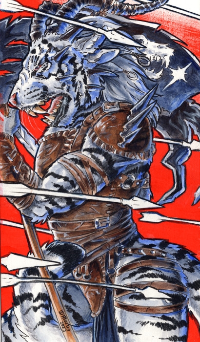 2023 anthro armor arrow_(weapon) banner black_body black_fur charr eyes_closed fangs felid fur guild_wars heather_bruton horn leather leather_armor male mammal muscular muscular_anthro muscular_arms muscular_legs muscular_male open_mouth ranged_weapon red_background simple_background solo spiked_armor spikes teeth weapon white_body white_fur