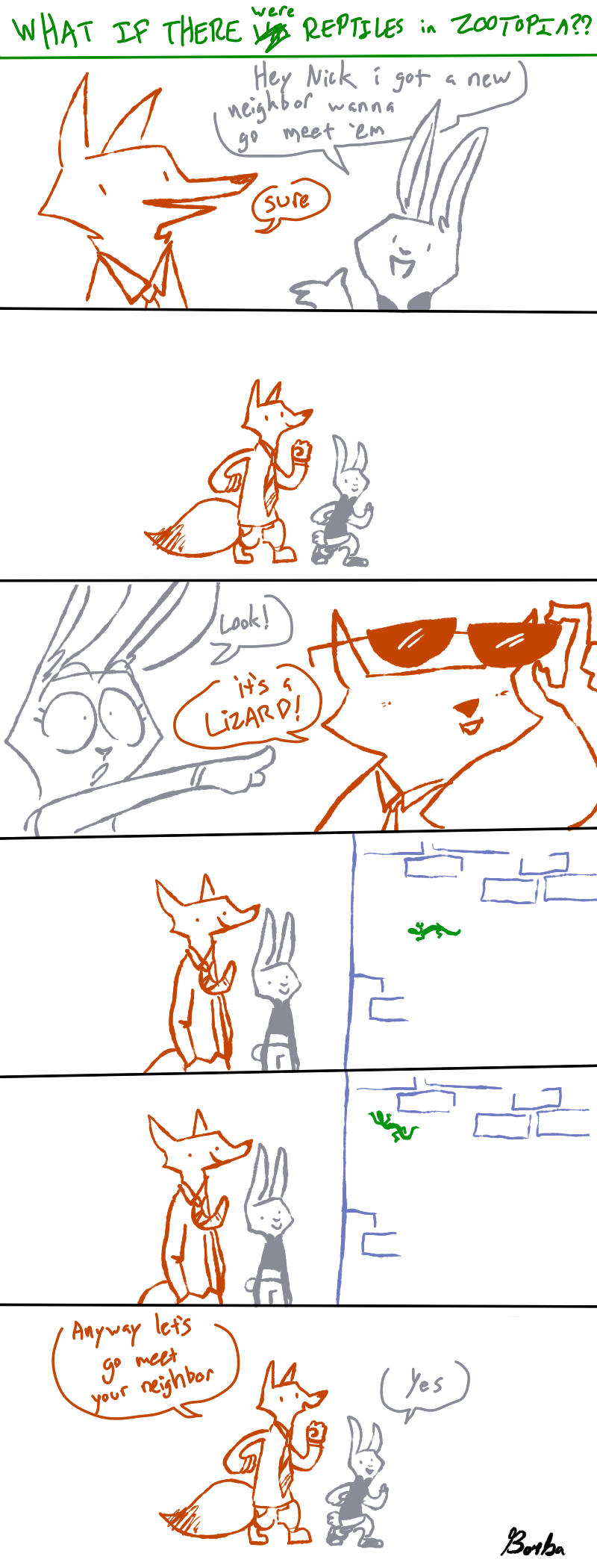 anthro brick_wall canid canine comic dialogue disney duo english_text eyewear female fox glasses hi_res humor judy_hopps lagomorph leporid male mammal nick_wilde rabbit reptile scalie simple_background text the_weaver wall_(structure) zootopia