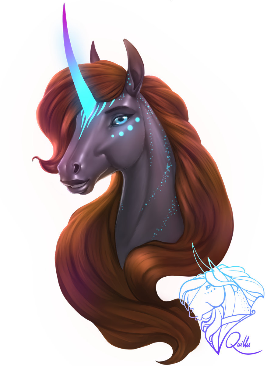 alpha_channel black_sclera blue_eyes brown_hair equid equine hair hi_res horn lips long_hair mammal portrait quillu_(character) simple_background thick_lips transparent_background ukulilia unicorn