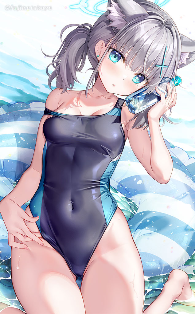 1girl adjusting_clothes adjusting_swimsuit animal_ear_fluff animal_ears bare_legs bare_shoulders barefoot black_one-piece_swimsuit blue_archive blue_eyes blue_halo blush bottle bottle_to_cheek breasts collarbone competition_swimsuit covered_navel cross cross_hair_ornament day earrings extra_ears fujima_takuya grey_hair hair_ornament halo highleg highleg_swimsuit holding holding_bottle innertube inverted_cross jewelry looking_at_viewer low_ponytail medium_breasts medium_hair mismatched_pupils multicolored_clothes multicolored_swimsuit ocean off_shoulder official_alternate_costume one-piece_swimsuit open_mouth outdoors partially_submerged ramune shiroko_(blue_archive) shiroko_(swimsuit)_(blue_archive) sitting solo swimsuit two-tone_swimsuit water wet wet_hair wolf_ears