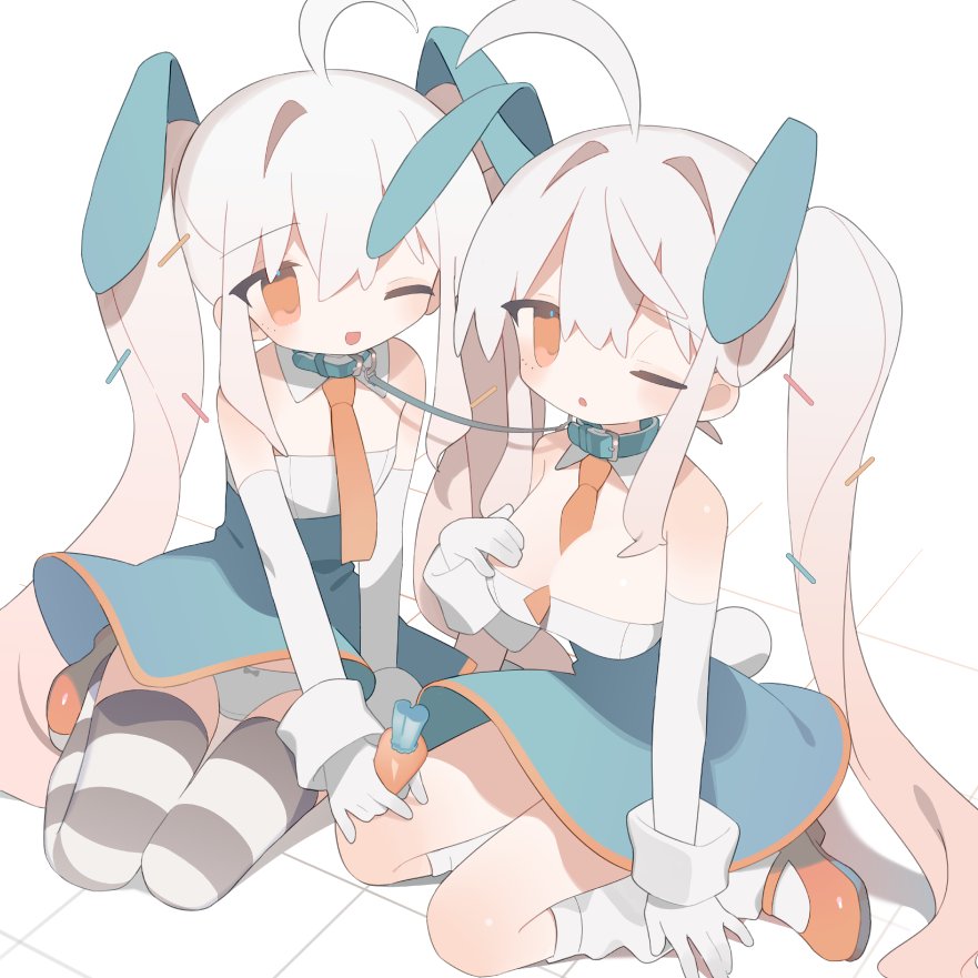 2girls ahoge animal_collar animal_ears aqua_dress bare_shoulders between_breasts bow bow_panties breasts carrot cleavage collar daizu_(melon-lemon) detached_collar dress elbow_gloves extra_ears fake_animal_ears full_body gloves gradient_hair grey_thighhighs hands_on_own_chest holding holding_carrot kneehighs leash long_hair looking_at_viewer loose_socks mary_janes matching_outfit medium_breasts multicolored_hair multiple_girls necktie necktie_between_breasts on_floor one_eye_closed open_mouth orange_eyes orange_footwear orange_necktie original panties pantyshot parted_lips pink_hair rabbit_girl rabbit_tail seiza shoes short_dress sitting small_breasts smile socks strapless strapless_dress striped striped_thighhighs tail thigh_gap thighhighs tile_floor tiles twintails underwear very_long_hair white_background white_gloves white_hair white_panties white_socks