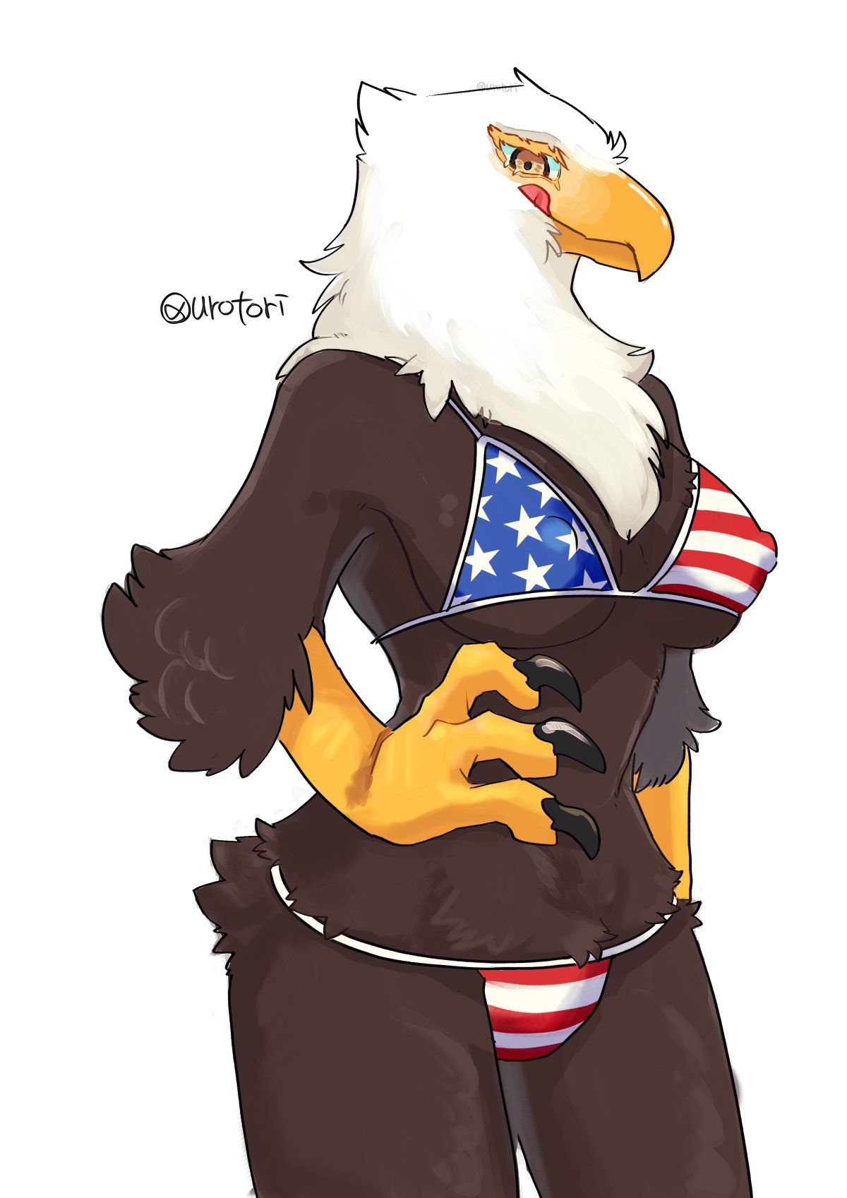 accipitrid accipitriform american_eagle american_flag_bikini anthro avian bald_eagle beak bird breasts brown_body brown_feathers claws eagle feathers female hi_res kemono licking licking_lips non-mammal_breasts scuted_arms scutes sea_eagle simple_background smile solo tongue tongue_out urotori