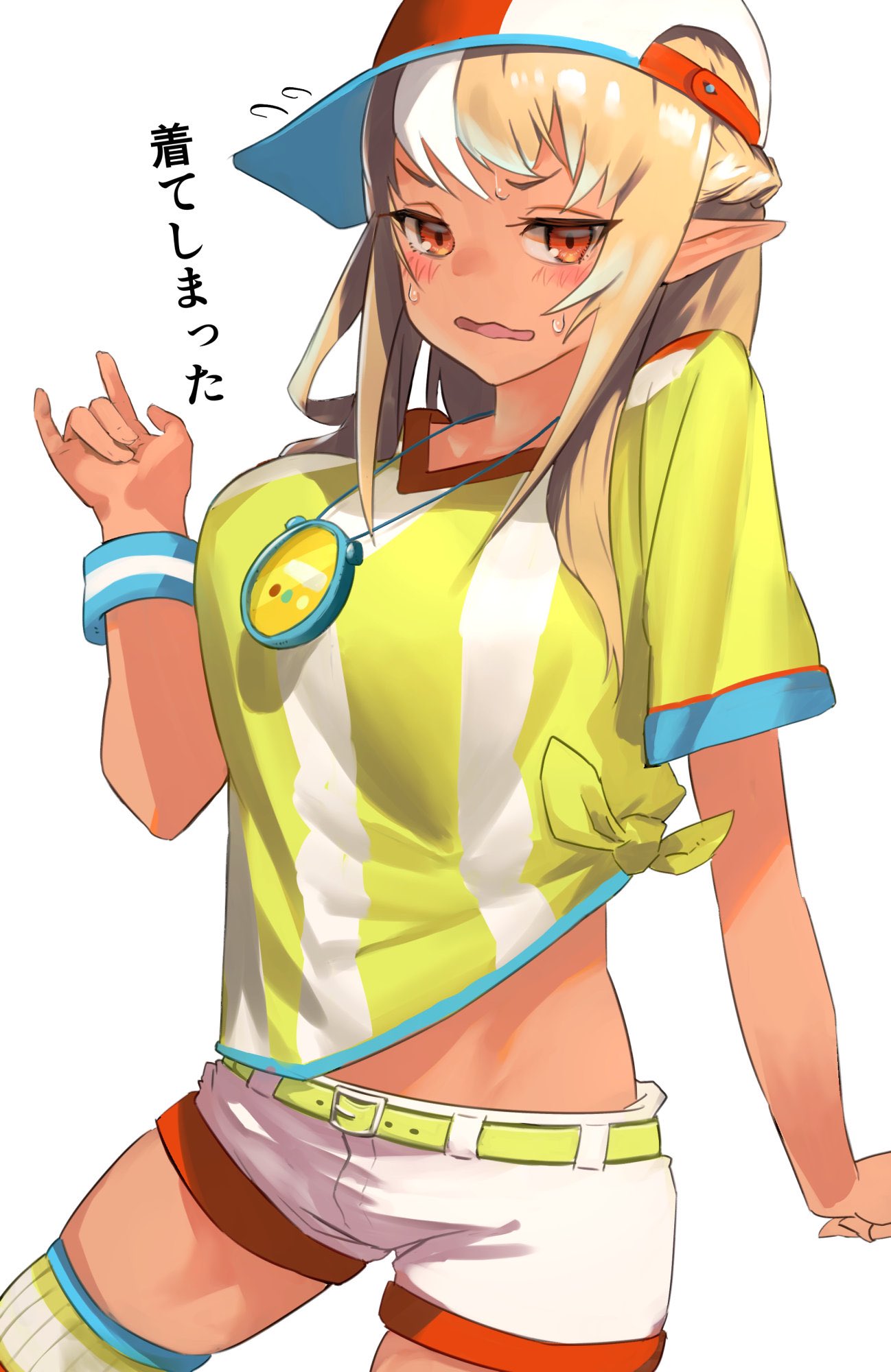 1girl baseball_cap blonde_hair breasts cosplay dark-skinned_female dark_skin elf flying_sweatdrops frown hat highres hololive large_breasts long_hair looking_at_viewer multicolored_hair oozora_subaru oozora_subaru_(1st_costume) oozora_subaru_(cosplay) open_mouth pointy_ears red_eyes red_headwear shiranui_flare shirt short_shorts short_sleeves shorts sideways_hat simple_background solo stopwatch stopwatch_around_neck streaked_hair striped striped_shirt sweat sweatband thighhighs tied_shirt two-tone_headwear two-tone_shirt uzuradobin vertical-striped_shirt vertical_stripes virtual_youtuber wavy_mouth white_background white_hair white_headwear white_shirt white_shorts white_thighhighs yellow_shirt