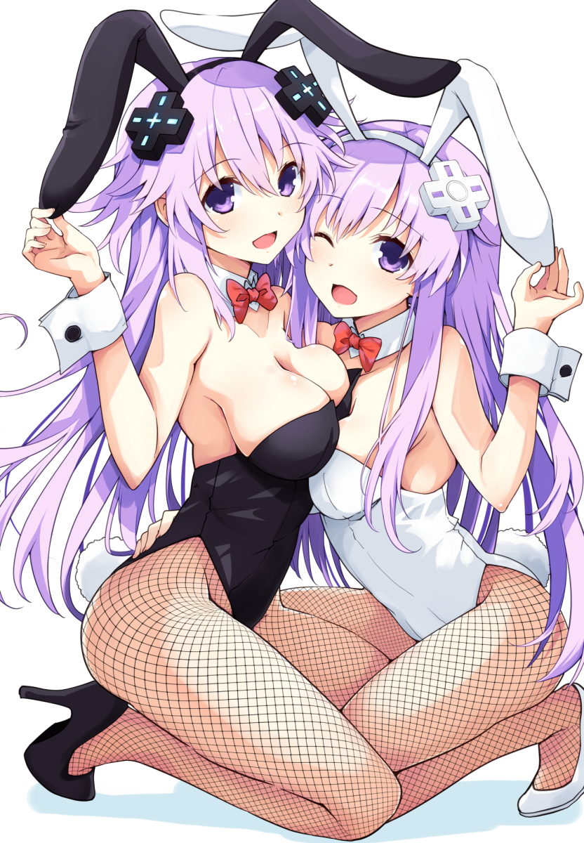 2girls :d ;d adult_neptune animal_ears bare_shoulders black_footwear black_leotard blush bow bowtie breasts cleavage collar commentary_request d-pad d-pad_hair_ornament detached_collar fake_animal_ears fishnet_pantyhose fishnets full_body hair_between_eyes hair_ornament hand_on_another's_back hand_up high_heels highres iwashi_dorobou_-r- kneeling large_breasts leotard long_hair looking_at_viewer multiple_girls nepgear neptune_(series) one_eye_closed open_mouth pantyhose playboy_bunny purple_eyes purple_hair rabbit_ears rabbit_tail red_bow red_bowtie shadow simple_background smile strapless strapless_leotard tail very_long_hair white_background white_collar white_footwear white_wrist_cuffs wrist_cuffs