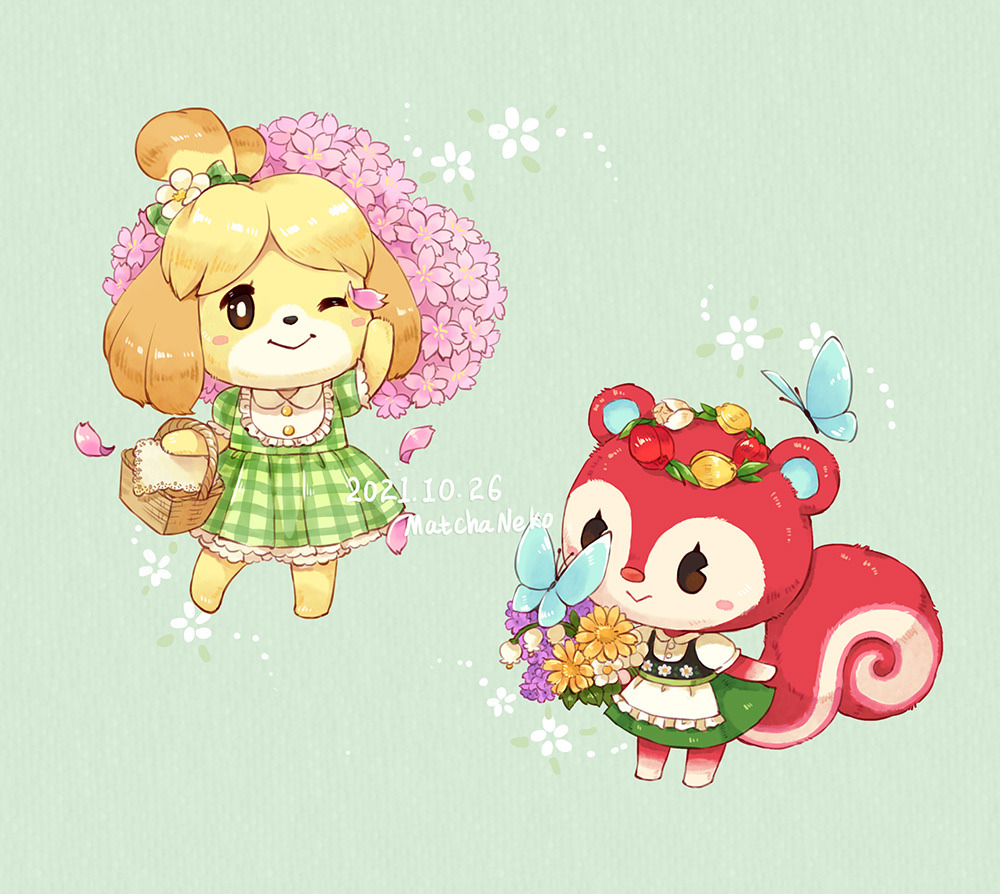 2girls :&gt; ;&gt; animal_crossing apron arm_up artist_name basket blonde_hair blue_butterfly blush blush_stickers bow bright_pupils brown_eyes bug butterfly buttons closed_mouth collared_dress collared_shirt commentary dated dog_girl dress english_commentary floral_print flower flower_wreath frilled_apron frilled_dress frilled_sleeves frills furry furry_female green_background green_bow green_dress hair_bow hair_flower hair_ornament head_wreath holding holding_basket hydrangea isabelle_(animal_crossing) lily_of_the_valley matchaneko multiple_girls one_eye_closed petals pinafore_dress pink_flower plaid plaid_dress poppy_(animal_crossing) puffy_short_sleeves puffy_sleeves purple_flower red_flower shirt short_sleeves simple_background sleeveless sleeveless_dress smile spring_(season) squirrel_girl standing topknot tulip waist_apron white_apron white_flower white_pupils white_shirt yellow_flower