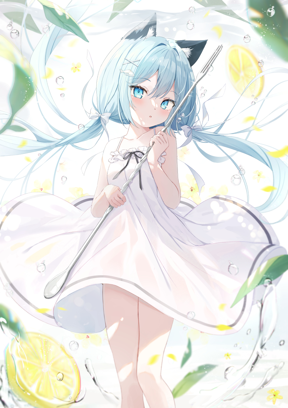 1girl :o animal_ear_fluff animal_ears bare_arms bare_shoulders blue_eyes blue_hair cat_ears commentary_request dress fish_hair_ornament floating_hair food frilled_dress frills fruit hair_between_eyes hair_ornament hairclip hand_up highres holding holding_umbrella lemon lemon_slice long_hair looking_at_viewer low_twintails original parted_lips saeki_sora sleeveless sleeveless_dress solo transparent transparent_umbrella twintails umbrella very_long_hair water white_dress x_hair_ornament