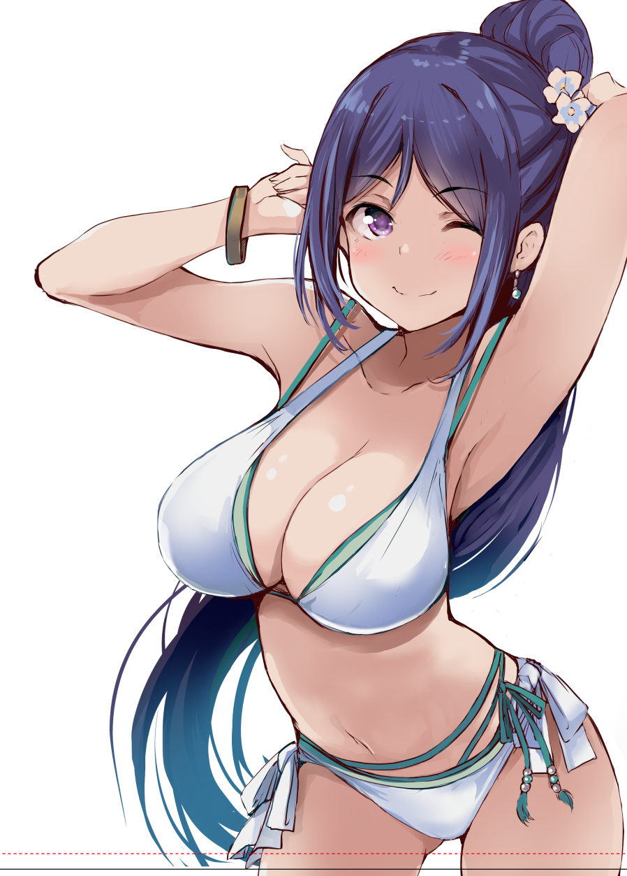 1girl arms_up bangle bare_shoulders bikini bracelet breasts cleavage closed_mouth collarbone cowboy_shot gengoroh highres jewelry large_breasts layered_bikini leaning_forward light_blush looking_at_viewer love_live! love_live!_sunshine!! matsuura_kanan navel one_eye_closed parted_bangs ponytail purple_eyes purple_hair side-tie_bikini_bottom simple_background smile solo swimsuit white_background