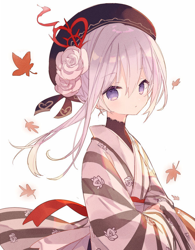 1girl black_headwear character_request closed_mouth copyright_request flower from_side hair_flower hair_ornament hat japanese_clothes kimono leaf long_hair mizumizu_(phoenix) purple_eyes simple_background sinoalice solo striped striped_kimono white_background white_hair