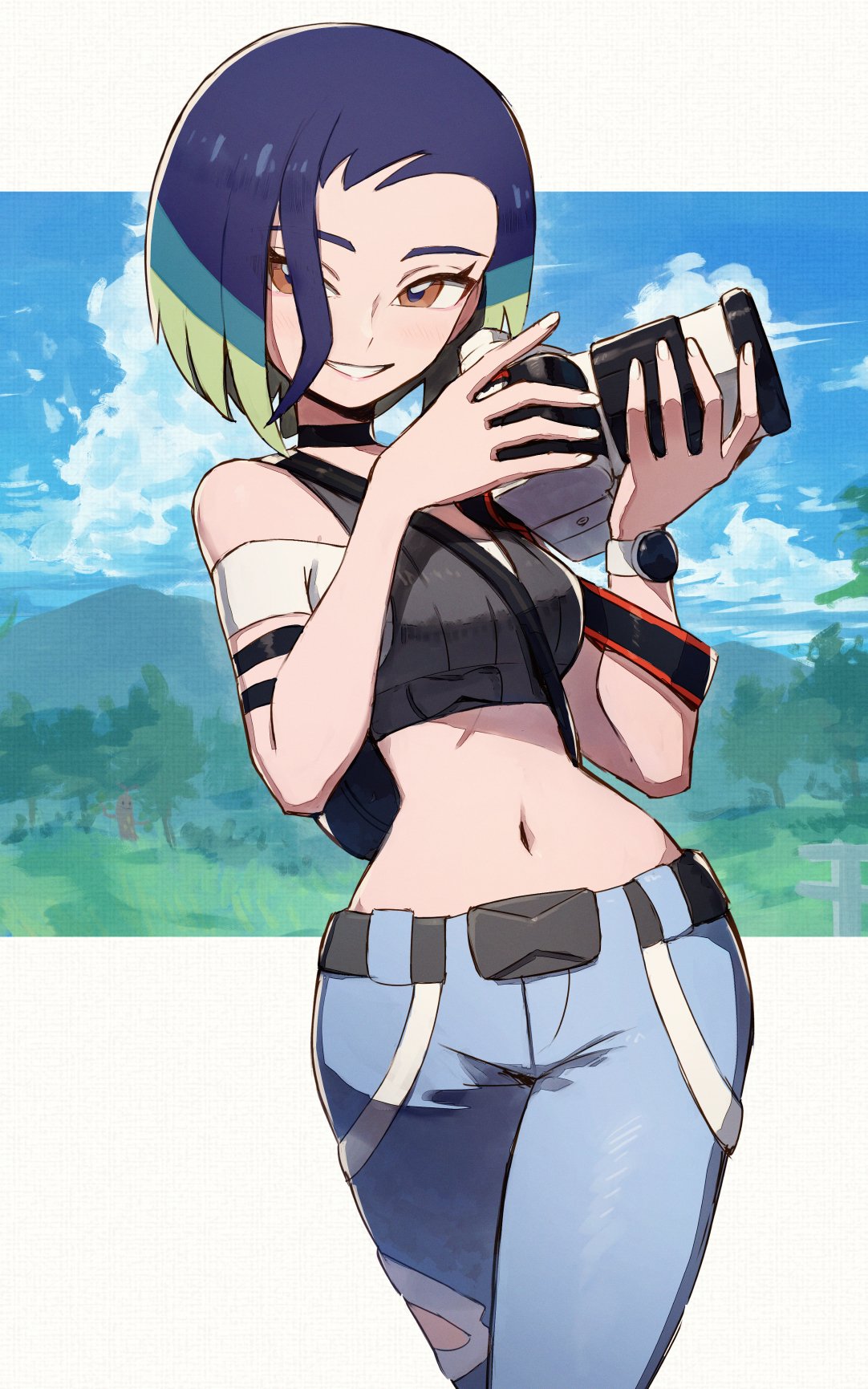 1girl bare_shoulders black_choker blue_hair blue_sky bob_cut breasts brown_eyes camera choker cloud cloudy_sky collarbone crop_top day fence green_hair highres holding kuroi_susumu looking_at_viewer loose_hair_strand medium_breasts midriff mountain multicolored_hair off-shoulder_shirt off_shoulder perrin_(pokemon) pokemon pokemon_(game) pokemon_sv shirt short_hair short_sleeves sky smile solo sudowoodo tree