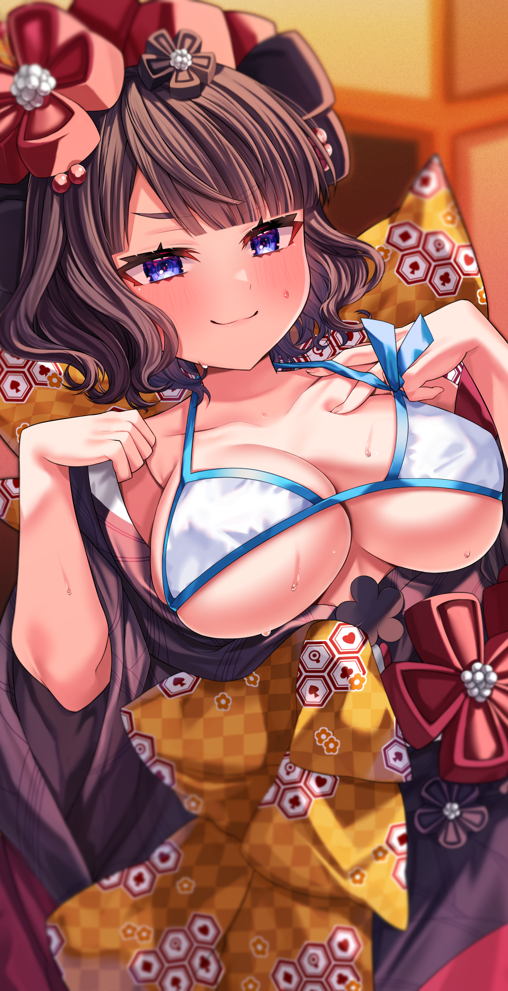 1girl akirannu bare_shoulders bikini bikini_under_clothes blue_eyes blush breasts cleavage collarbone fate/grand_order fate_(series) hair_bun hair_ornament hairpin highres japanese_clothes katsushika_hokusai_(fate) katsushika_hokusai_(swimsuit_saber)_(fate) kimono large_breasts long_sleeves looking_at_viewer off_shoulder purple_hair purple_kimono red_kimono sash short_hair smile solo sweat swimsuit white_bikini wide_sleeves