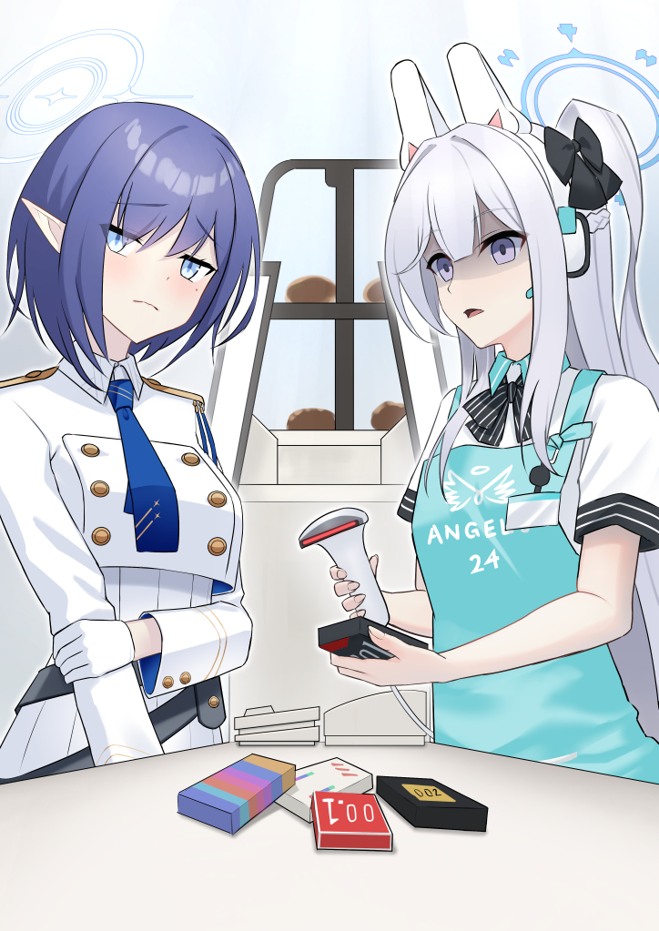 2girls angel's_24_uniform_(blue_archive) animal_ears answering aoi_(blue_archive) apron barcode_scanner black_bow black_bowtie blue_apron blue_archive blue_eyes blue_hair blue_halo blue_necktie bow bowtie braid closed_mouth collared_shirt commentary_request cropped_jacket crown_braid empty_eyes fake_animal_ears gloves grey_hair hair_between_eyes halo holding jacket long_hair long_sleeves miyako_(blue_archive) mole mole_under_eye multiple_girls necktie one_side_up open_mouth pointy_ears purple_eyes rabbit_ears shaded_face shirt short_hair short_sleeves white_gloves white_jacket white_shirt